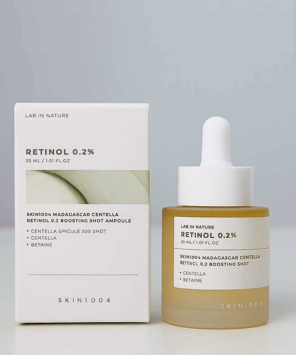 Retinol serum bottle and packaging with 'Lab in Nature' branding on a gray background