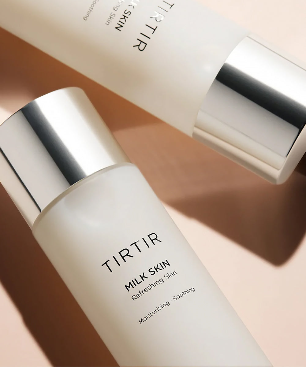 TIRTIR Milk Skin skincare bottle on a peach background