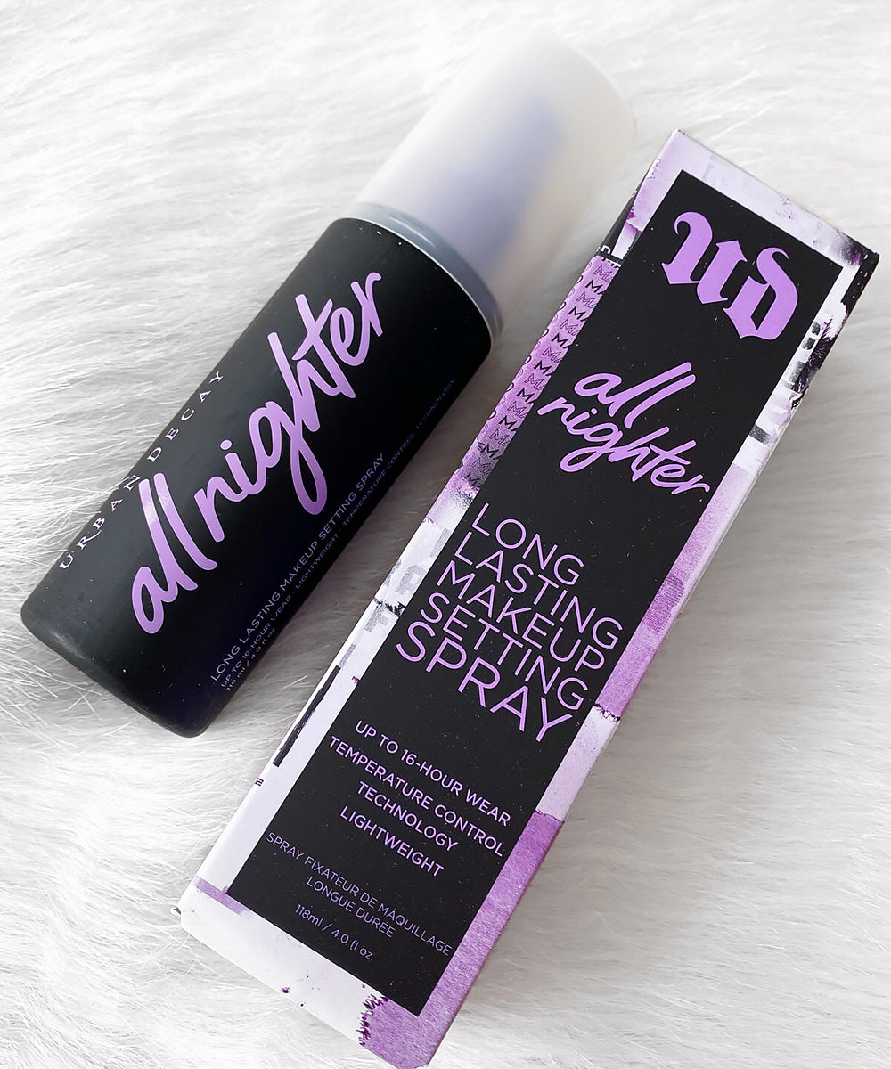 Urban Decay 'all righter' makeup setting spray on a white background