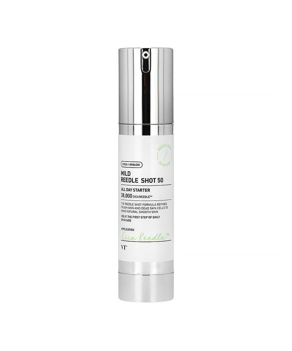 Skincare bottle labeled 'MILD REEDLE SHOT 50' on a white background