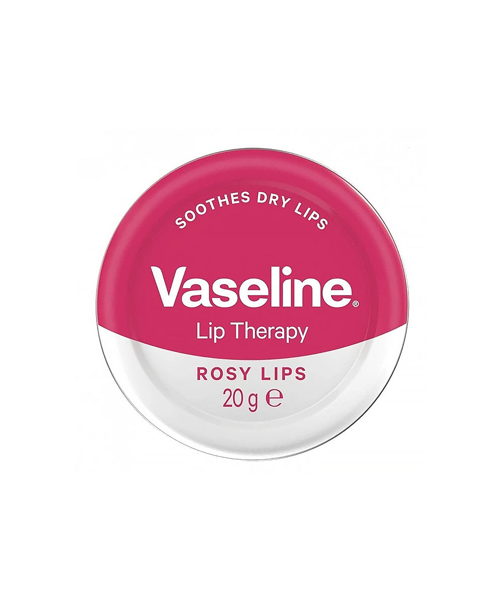 Vaseline Lip Therapy container with pink lid on a white background