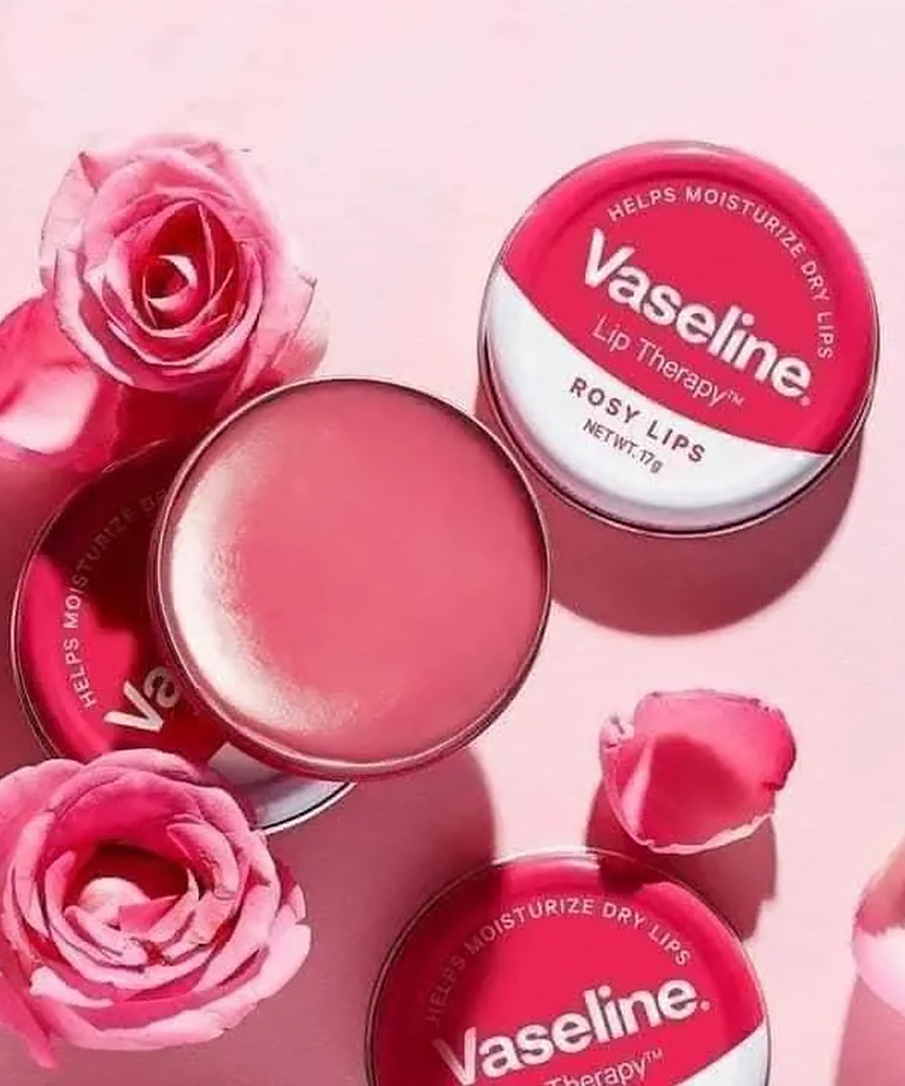 Vaseline lip balm with pink roses on a pink background