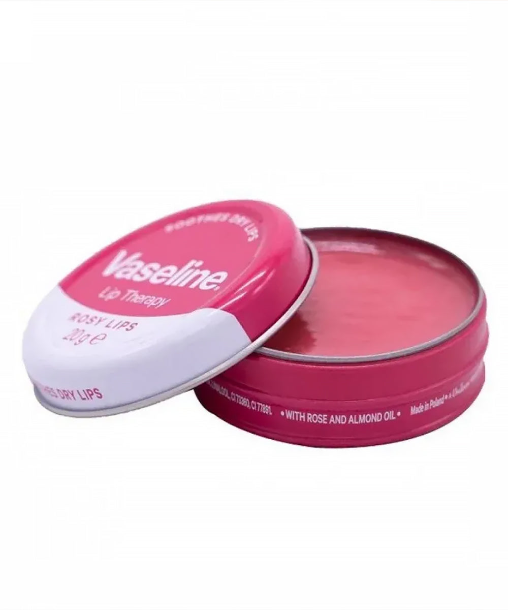 Vaseline lip balm tin with pink lid and red body on a white background