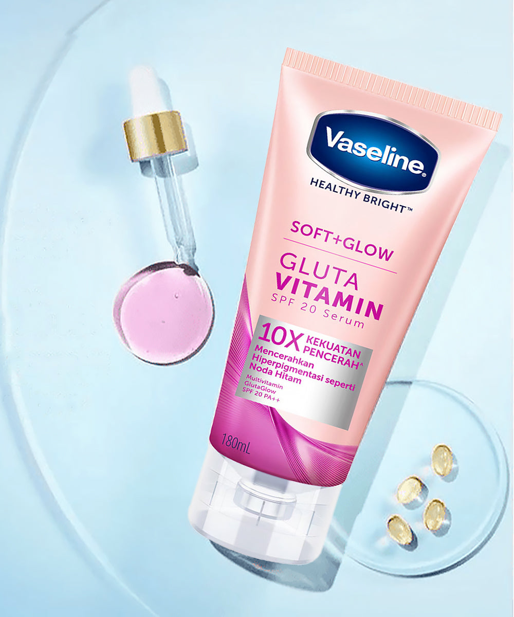Vaseline skincare product with serum dropper on a light blue background