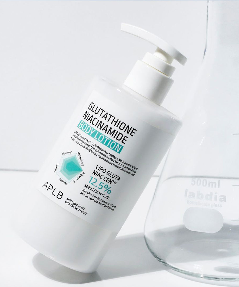 White lotion bottle with text on a light gray background