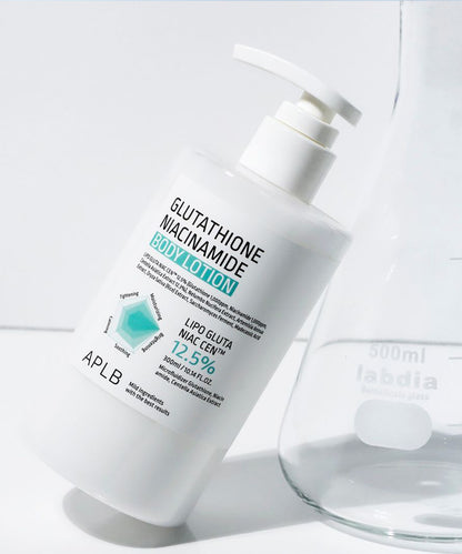 White lotion bottle with text on a light gray background