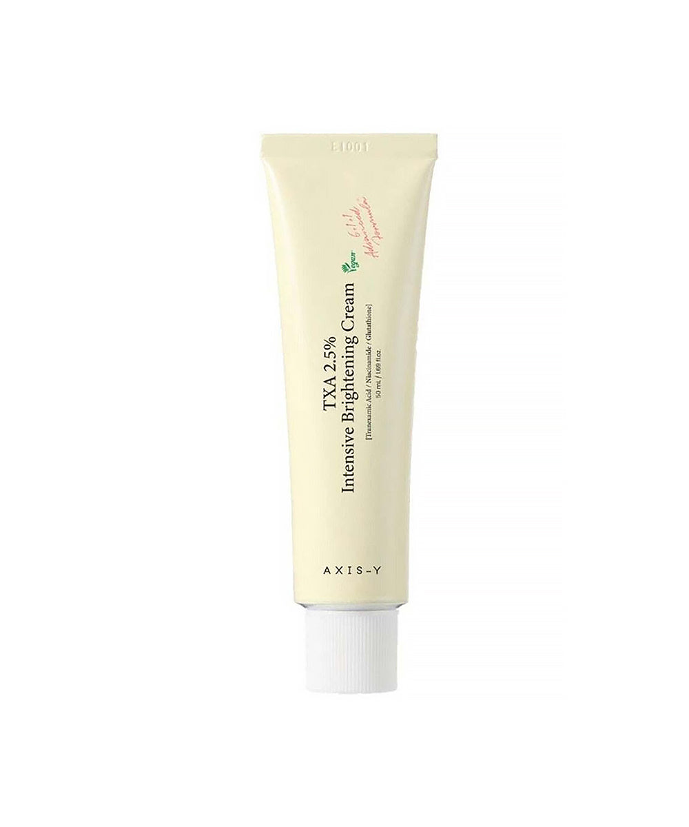 Tube of AXIS-Y TXA 2.5% Intensive Brightening Cream on a white background