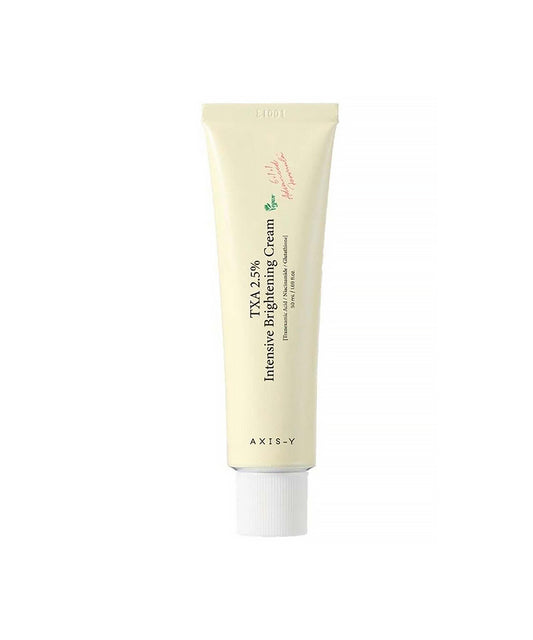 Tube of AXIS-Y TXA 2.5% Intensive Brightening Cream on a white background