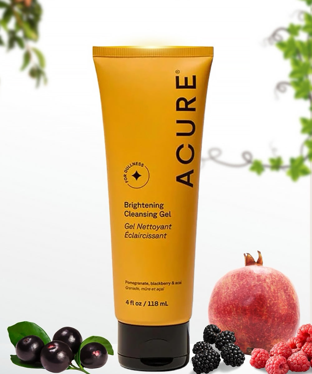 Acure Brightening Cleansing Gel tube with pomegranate and blackberry on a white background