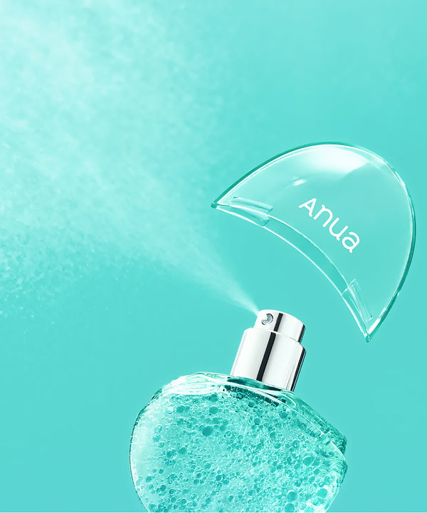 Turquoise spray bottle with a clear cap on a teal background