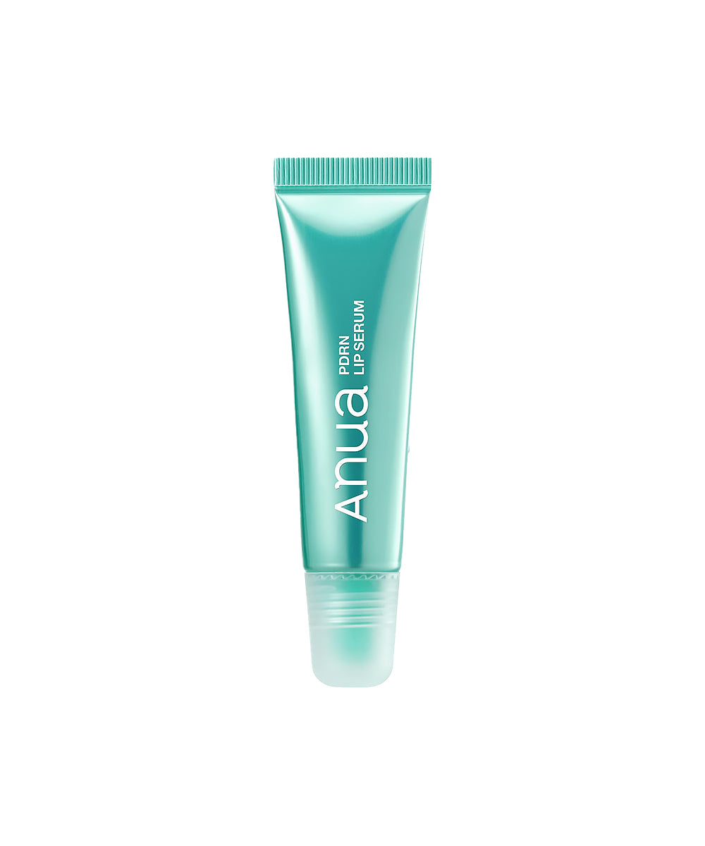 Front view of the Anua PDRN Hyaluronic Acid Lip Serum in a clear tube with a silver cap, featuring suspended teal capsules in a clear gel