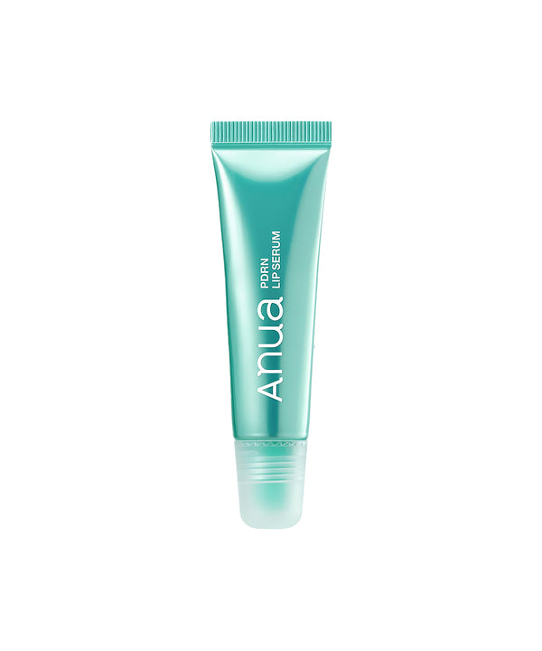 Front view of the Anua PDRN Hyaluronic Acid Lip Serum in a clear tube with a silver cap, featuring suspended teal capsules in a clear gel
