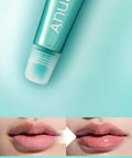 Close-up of the Anua Lip Serum being applied to lips, demonstrating a smooth, glossy finish and intense hydration
