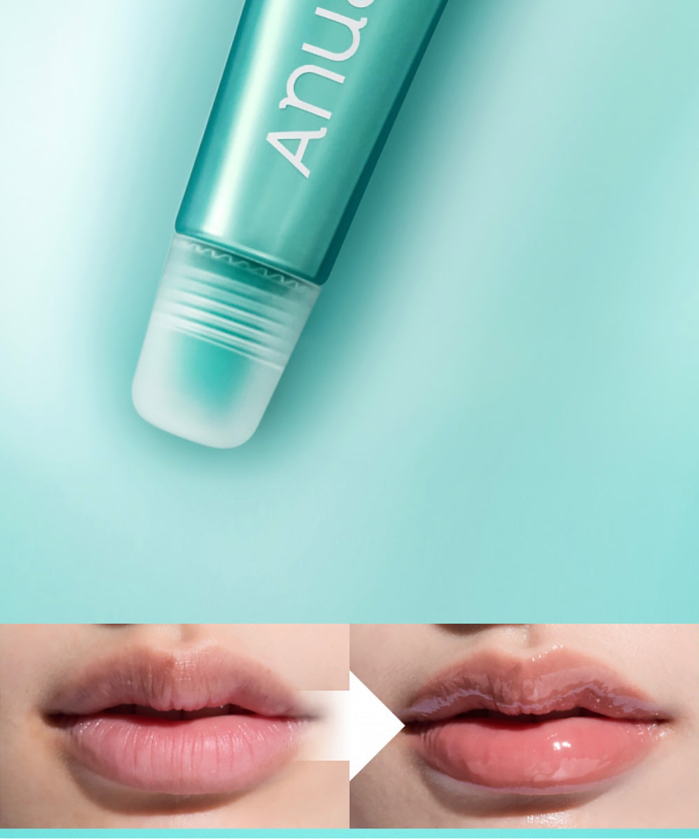 Close-up of the Anua Lip Serum being applied to lips, demonstrating a smooth, glossy finish and intense hydration
