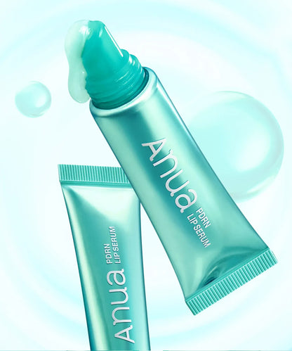 Extreme close-up of the Anua PDRN Lip Serum tube, highlighting the unique teal capsule-in-gel technology and silver applicator tip