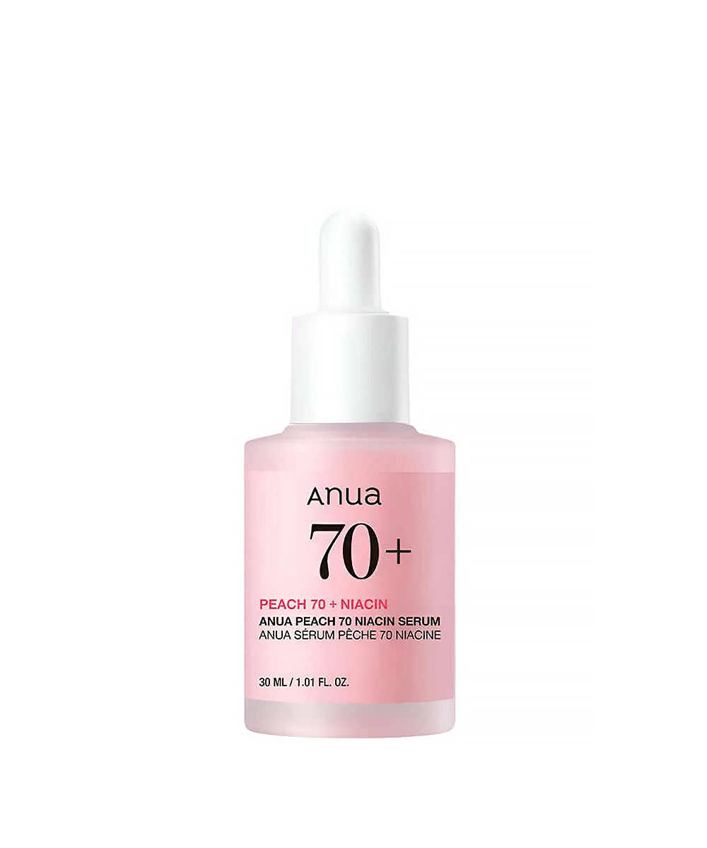 Anua skincare serum bottle with pink label on a white background