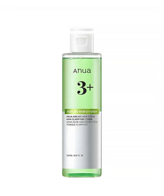 A front-facing studio shot of the Anua Azelaic Acid 3 + Cica Skin Clarifying Toner in a 150ml clear bottle with a white flip-top cap, isolated on a white background