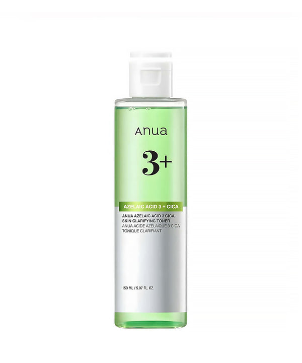 A front-facing studio shot of the Anua Azelaic Acid 3 + Cica Skin Clarifying Toner in a 150ml clear bottle with a white flip-top cap, isolated on a white background