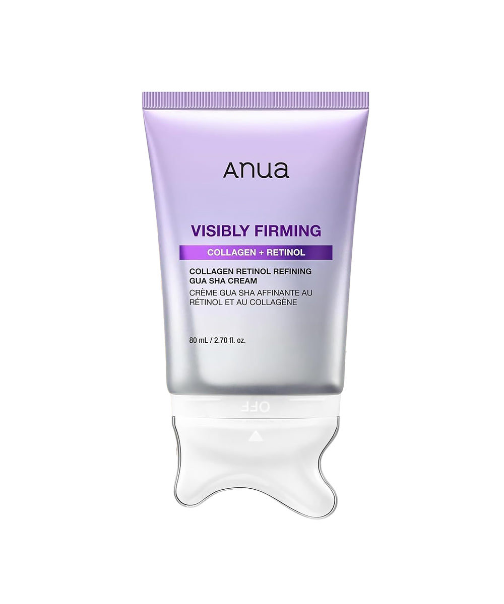 Anua Visibly Firming Collagen Retinol Refining Gua Sha Cream in a lavender and silver squeeze tube with a clear silicone applicator, shown on a white background.