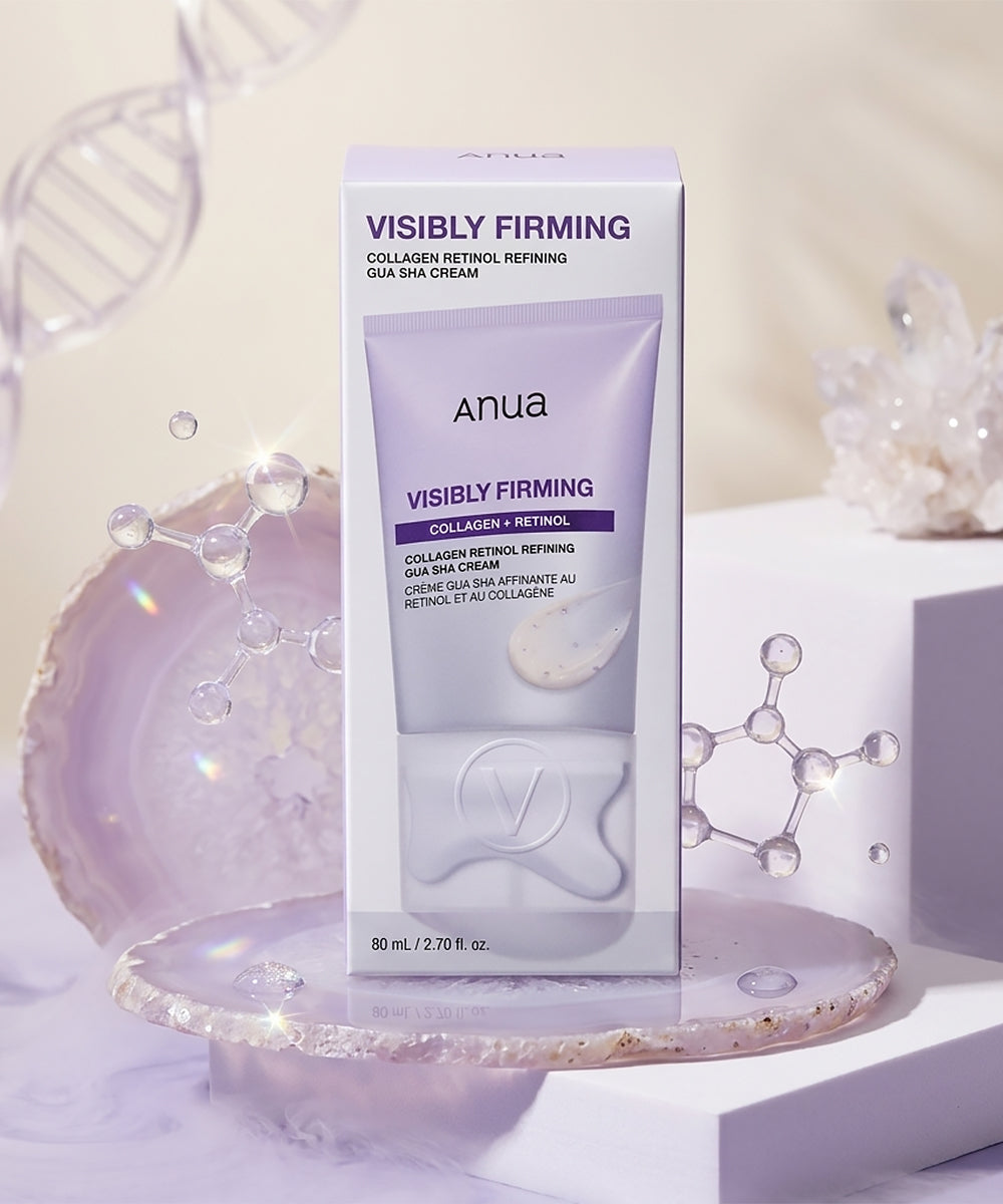 Anua Visibly Firming collagen retinol skin cream in a white and lavender box with a matching squeeze tube, styled on a white pedestal with decorative crystal and molecular model props.