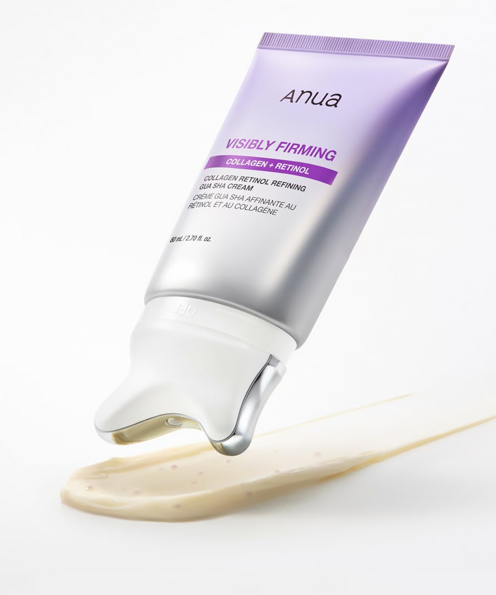 Anua Visibly Firming Collagen Retinol Hair Skin Cream in a lavender and silver squeeze tube, shown tilted with a clear gel dripping from the tip onto a smear of beige cream on a white background.