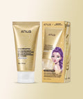 Anua Gold Wrapping Collagen Wrapping Mask in a squeeze tube next to its retail box, both in a metallic gold color with a white cap, set against a solid pale beige background.