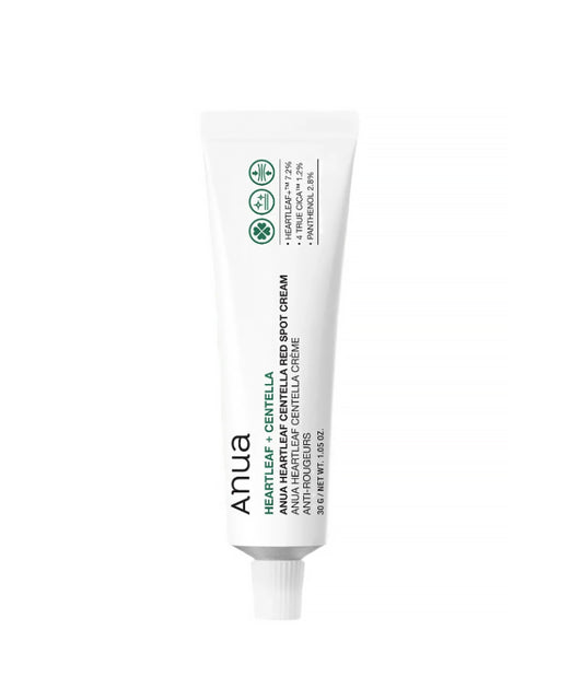 Tube of ANUA Heartleaf + Centella Anti-Red Spot Cream on a white background