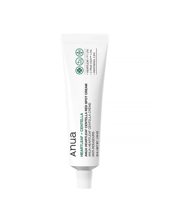 Tube of ANUA Heartleaf + Centella Anti-Red Spot Cream on a white background