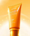 Anua Invisible Matte Finish Sunscreen bottle on a yellow background