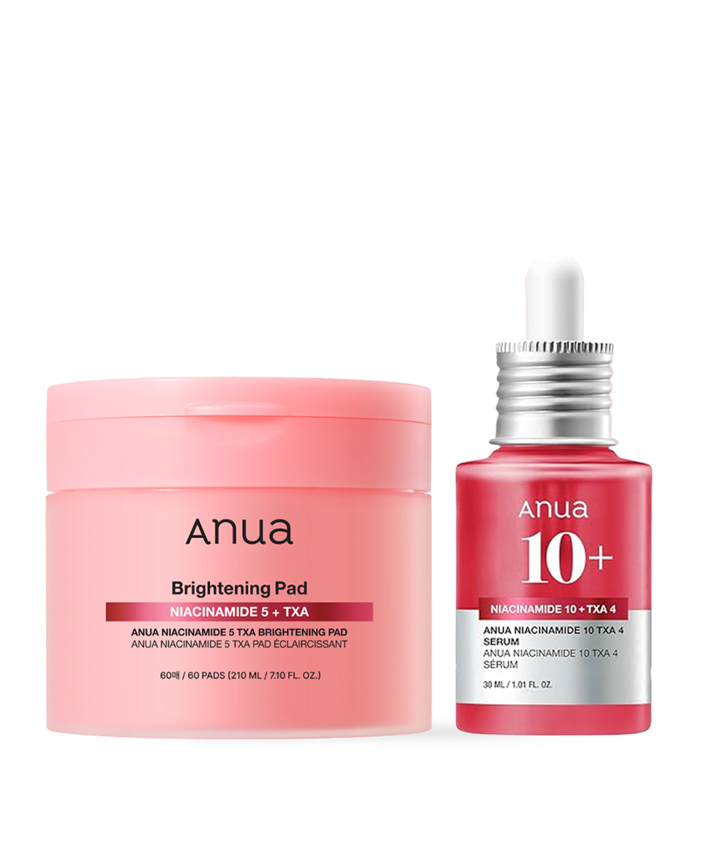 Anua skincare product set with a jar and serum bottle on a white background