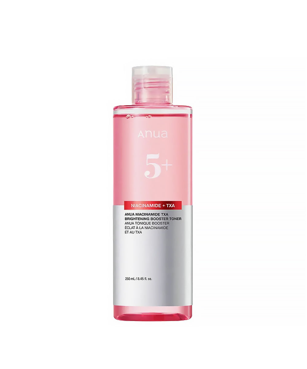 Skincare bottle with pink liquid and white label on a white background