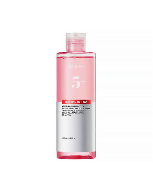 Skincare bottle with pink liquid and white label on a white background
