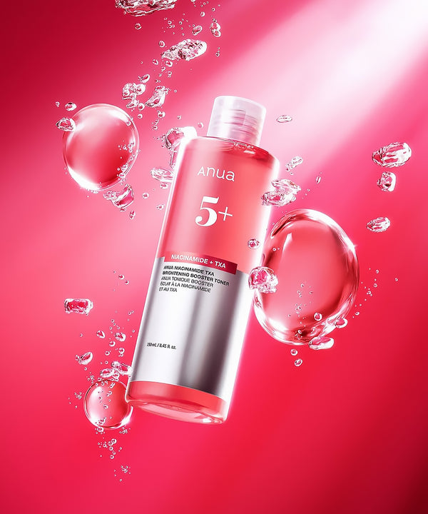 Skincare bottle with bubbles on a red background