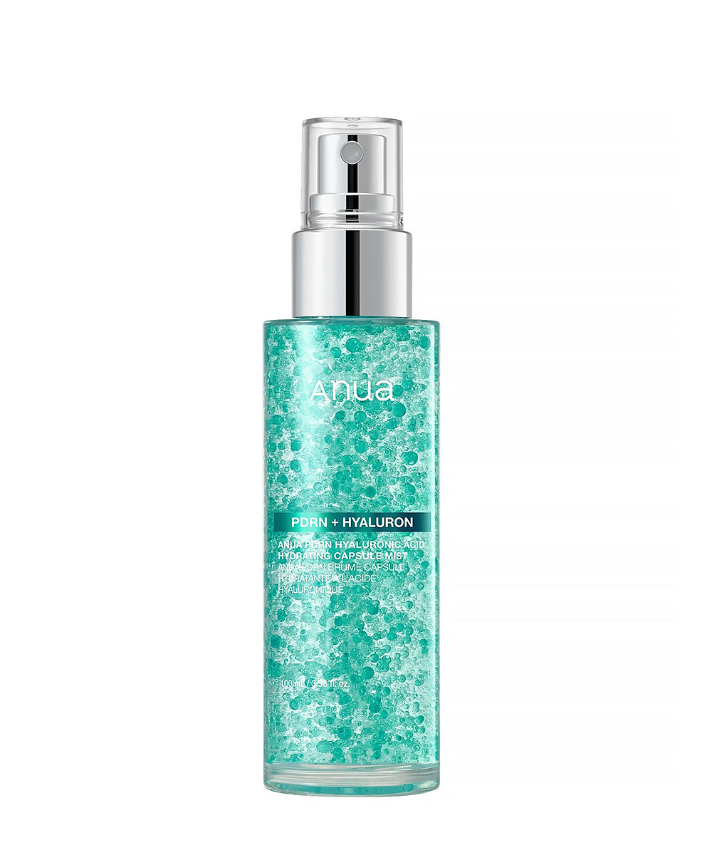 Front view of the Anua PDRN + Hyaluron Hydrating Capsule Mist in a clear 100ml bottle, showing the unique teal suspended capsules and silver spray pump