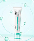 Tube of skincare product with '100+' on a light blue background