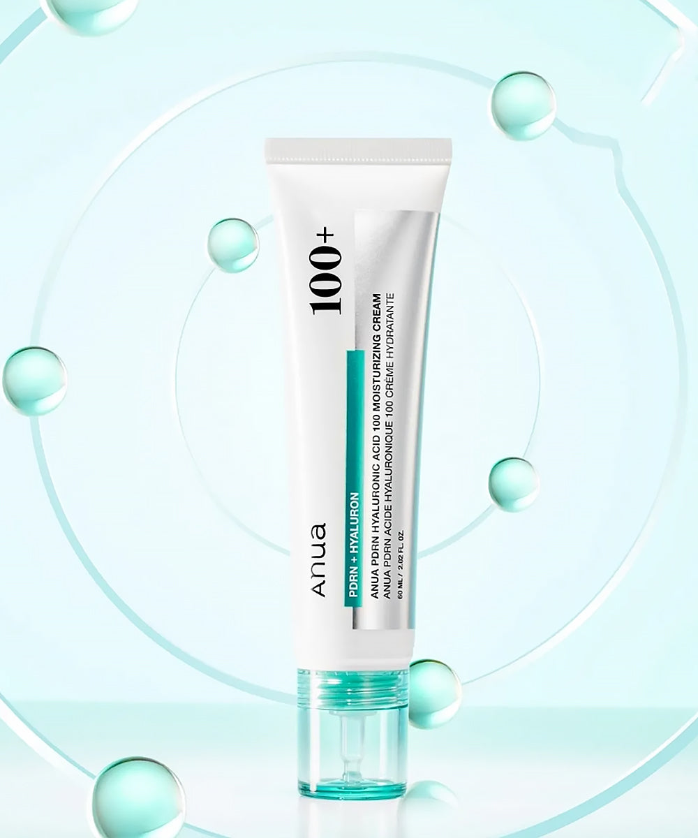 Tube of skincare product with '100+' on a light blue background
