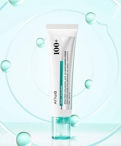 Tube of skincare product with '100+' on a light blue background