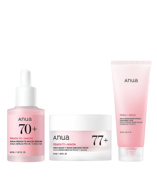 Anua skincare product set with serum, cream, and tube on a white background
