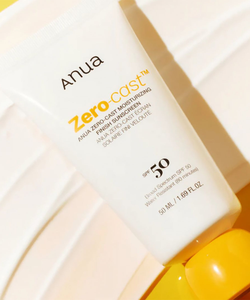 Anua zero cast sunscreen bottle with pump on a white background