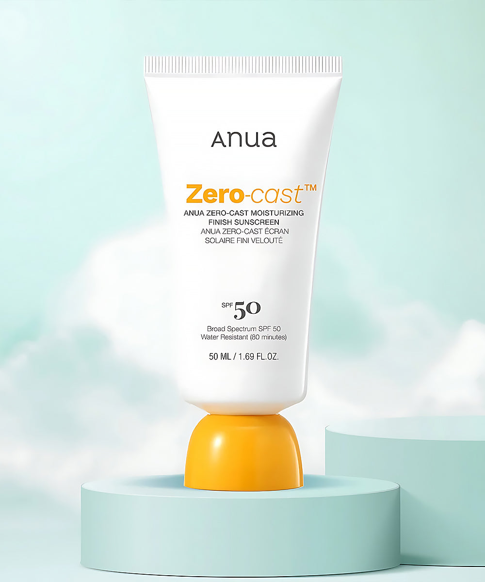 Anua Zero-Cast sunscreen tube on a light blue background