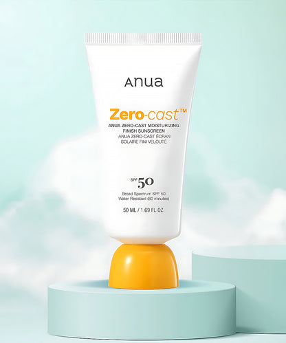 Anua Zero-Cast sunscreen tube on a light blue background