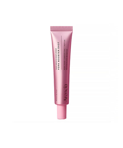 Front-facing studio shot of the Arencia PDRN Booster Shot Face and Eye Moisturizer 30ml metallic pink tube against a clean white background
