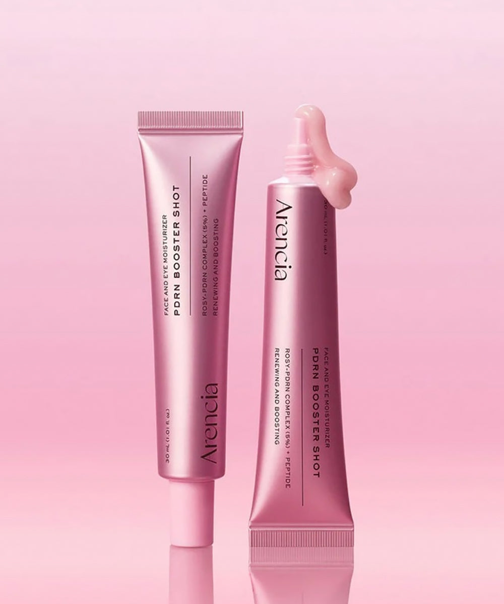 Two tubes of Arencia PDRN Booster Shot on a pink gradient background, with one tube open to show the thick, hydrating consistency of the peptide-infused cream