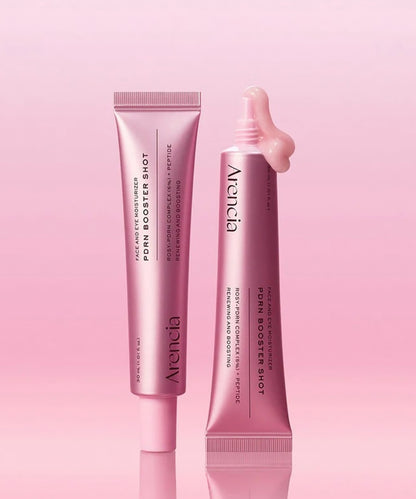 Two tubes of Arencia PDRN Booster Shot on a pink gradient background, with one tube open to show the thick, hydrating consistency of the peptide-infused cream