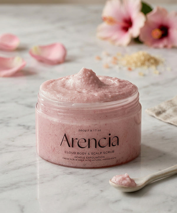 Jar of Arencia cloud body and scalp scrub on a marble surface with flowers in the background