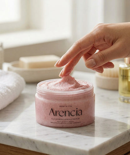 Person applying pink scrub from a jar labeled 'Arencia' on a marble surface.
