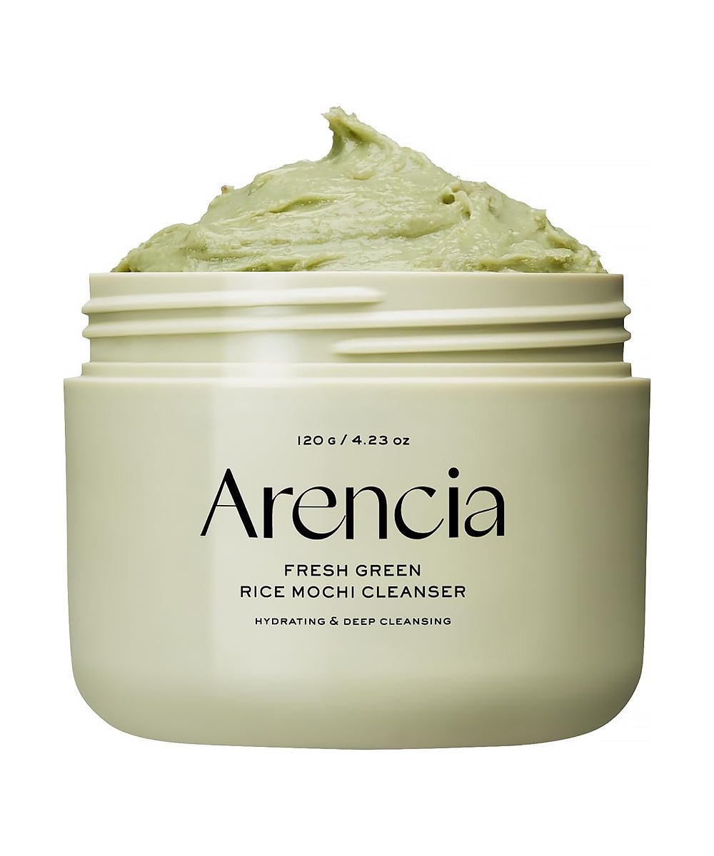 Arencia Fresh Green Rice Mochi Cleanser jar with green cream on a white background