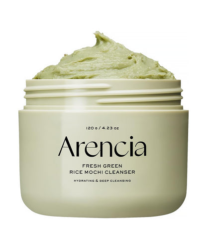 Arencia Fresh Green Rice Mochi Cleanser jar with green cream on a white background