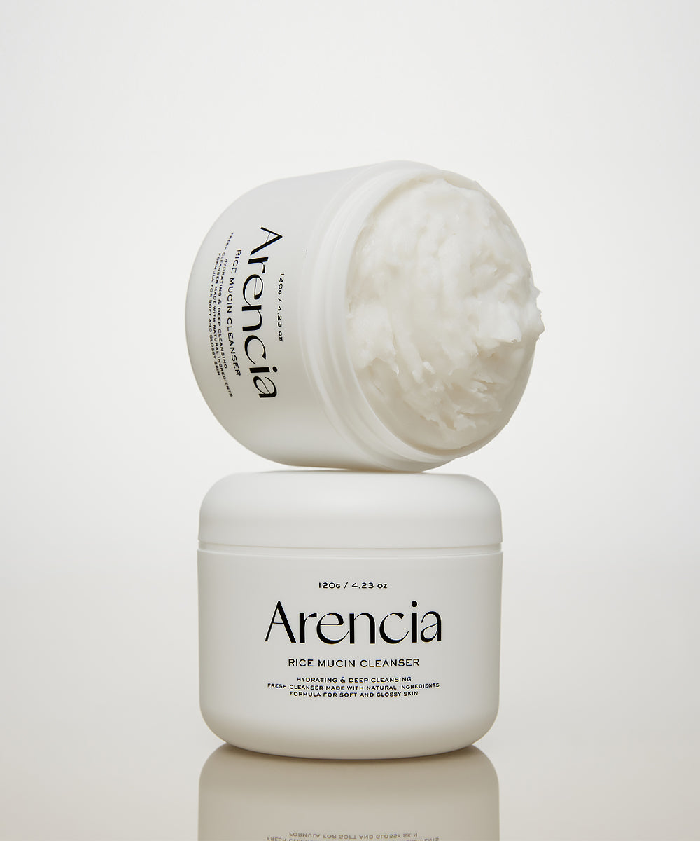 Two jars of Arencia Rice Mucin Cleanser on a light gray background