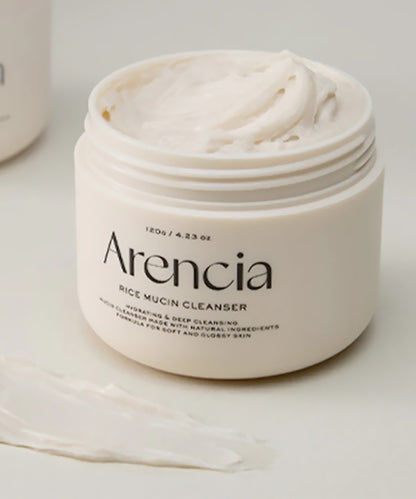 Arencia rice mucin cleanser jar with cream on a light background